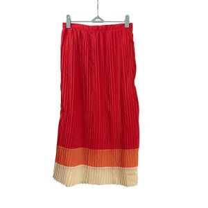 Forever 21 Colorblock Pleated Midi Skirt XS Red Orange Beige Polyester Side Zip